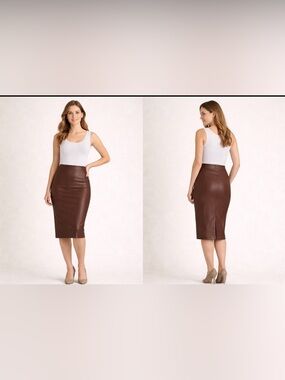 SPANX Faux Leather Pencil Skirt Brown High Waisted Shaping Midi S